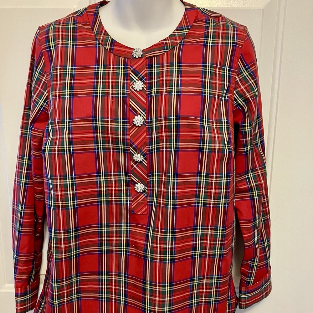 Talbots Women's Size S Red Black Tartan Plaid Rhinestone Holiday Shirt Cotton‎